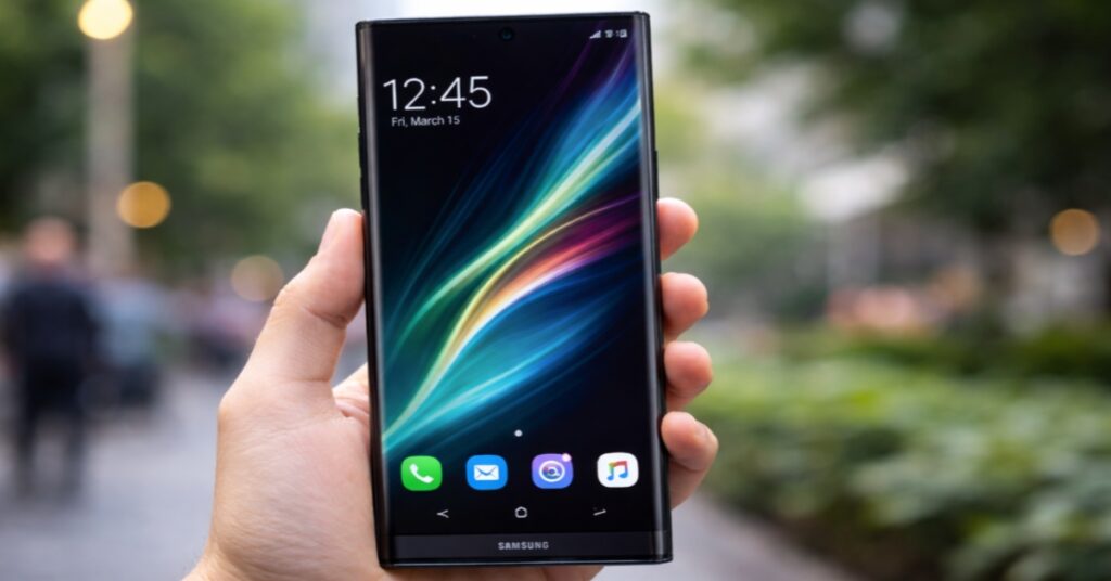 “Person holding Samsung Galaxy S26 Ultra 2026 smartphone in hand showing curved AMOLED display and premium design”