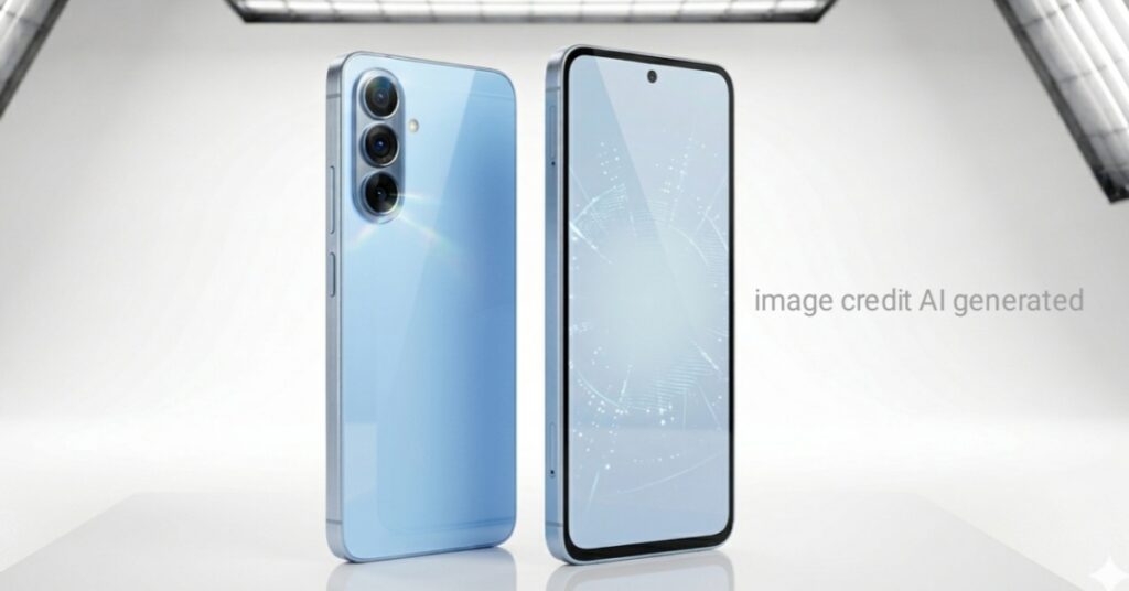 Samsung Galaxy A57 blue smartphone front and back view with triple rear camera and bezel-less display