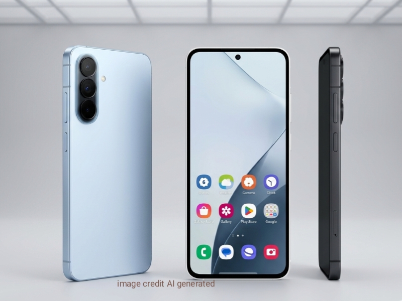 Samsung Galaxy A57 front back and side design view showing slim body and triple rear camera setup